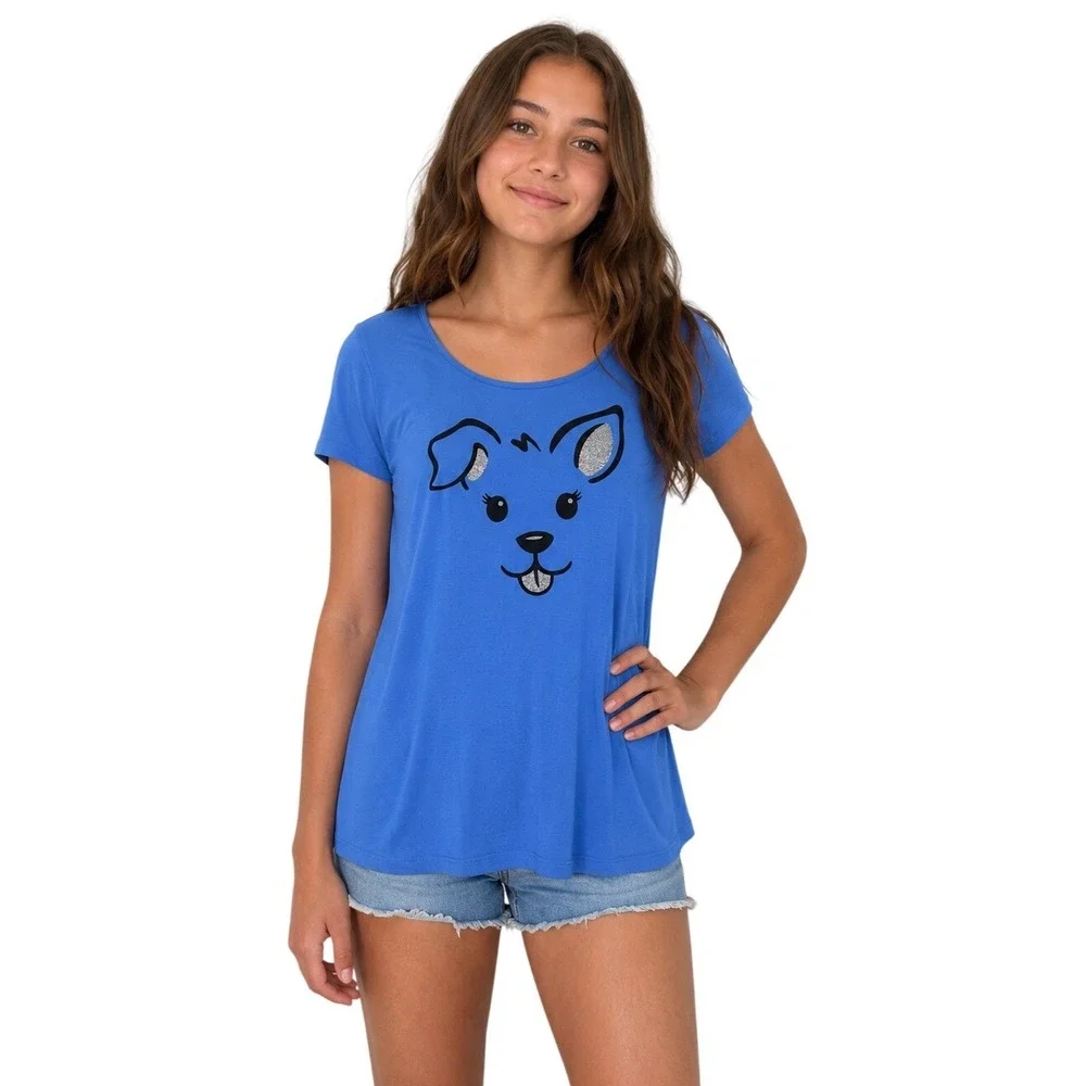 Justice Girls Graphic T-Shirt Tunic XL 14/16 Blue Puppy Dog Glitter Short Sleeve